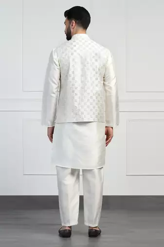 Men white embroidered jacket with kurta pyjama