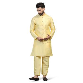 Men yellow embroidered jacket with kurta pyjama 1