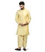 Men yellow embroidered jacket with kurta pyjama