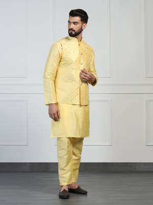Men yellow embroidered jacket with kurta pyjama 2