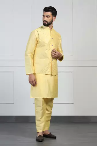 Men yellow embroidered jacket with kurta pyjama