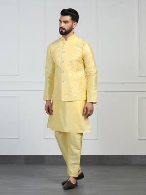 Men yellow embroidered jacket with kurta pyjama 3
