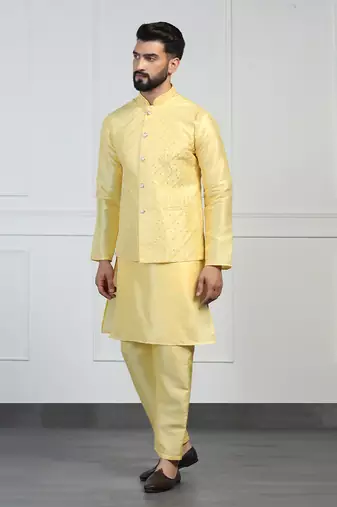 Men yellow embroidered jacket with kurta pyjama