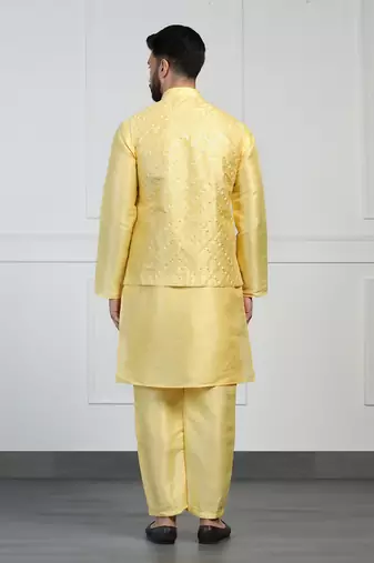 Men yellow embroidered jacket with kurta pyjama