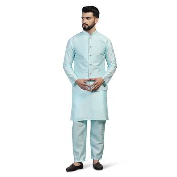Men blue embroidered jacket with kurta pyjama 1