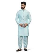 Men blue embroidered jacket with kurta pyjama