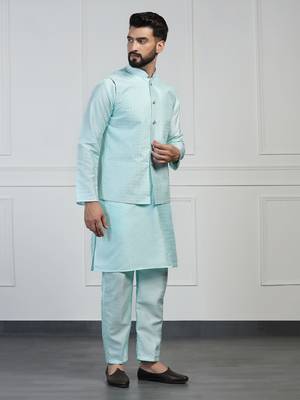 Men blue embroidered jacket with kurta pyjama 2