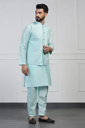 Men blue embroidered jacket with kurta pyjama