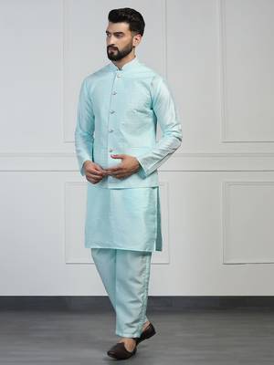 Men blue embroidered jacket with kurta pyjama 3