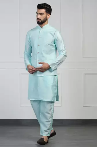 Men blue embroidered jacket with kurta pyjama
