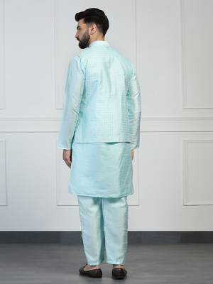 Men blue embroidered jacket with kurta pyjama 4