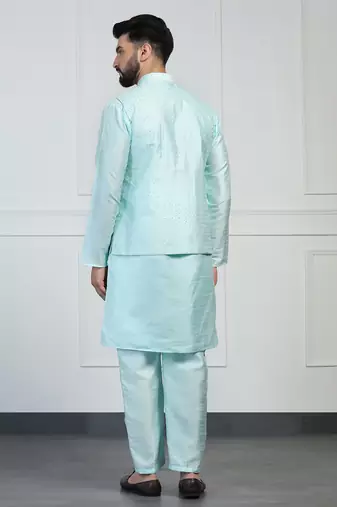 Men blue embroidered jacket with kurta pyjama