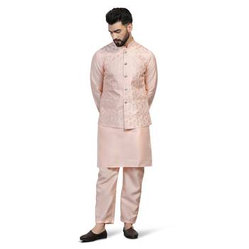 Men peach embroidered jacket with kurta pyjama 1