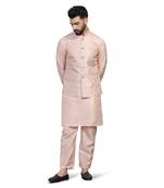 Men peach embroidered jacket with kurta pyjama
