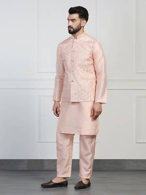 Men peach embroidered jacket with kurta pyjama 2