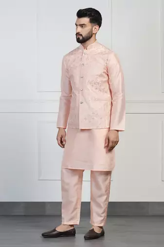 Men peach embroidered jacket with kurta pyjama