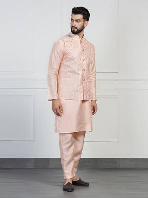 Men peach embroidered jacket with kurta pyjama 3
