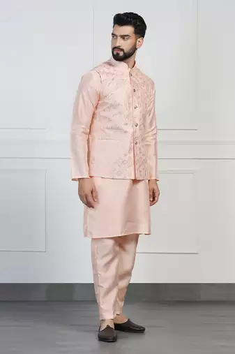 Men peach embroidered jacket with kurta pyjama