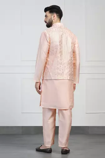 Men peach embroidered jacket with kurta pyjama