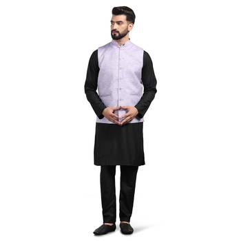 Men purple linen nehru jacket with black kurta pajyama 1