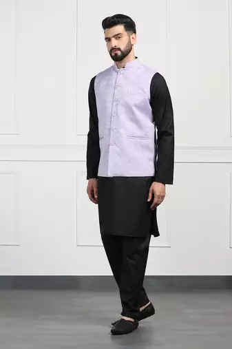 Men purple linen nehru jacket with black kurta pajyama