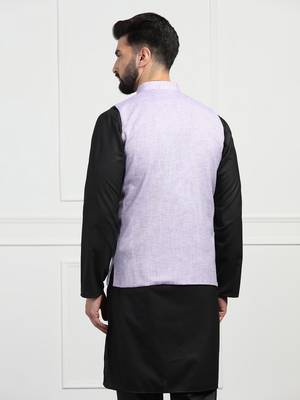 Men purple linen nehru jacket with black kurta pajyama 4