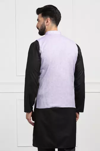 Men purple linen nehru jacket with black kurta pajyama