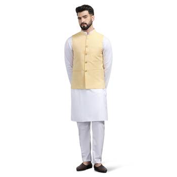 Men yellow linen nehru jacket with white kurta pajyama 1