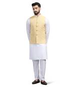 Men yellow linen nehru jacket with white kurta pajyama