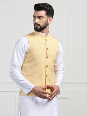 Men yellow linen nehru jacket with white kurta pajyama 2