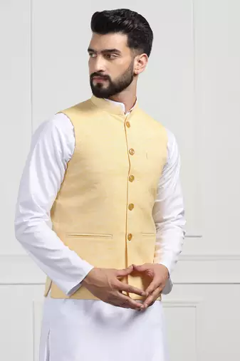 Men yellow linen nehru jacket with white kurta pajyama