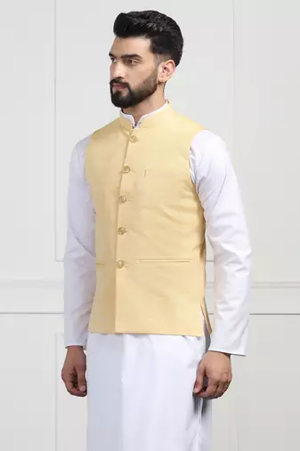 Men yellow linen nehru jacket with white kurta pajyama