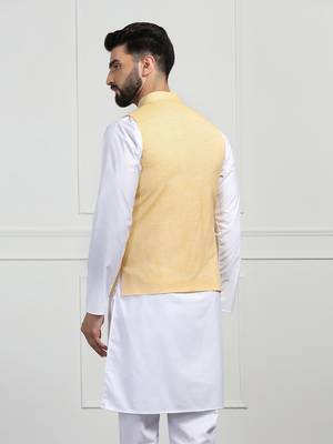 Men yellow linen nehru jacket with white kurta pajyama 4