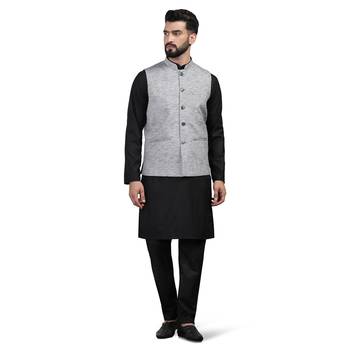 Men grey linen nehru jacket with black kurta pajyama 1