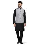 Men grey linen nehru jacket with black kurta pajyama