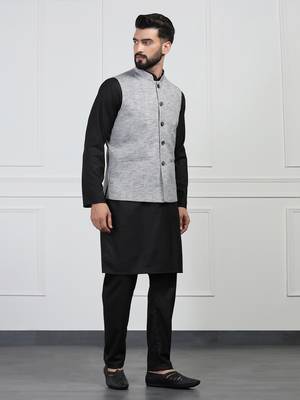 Men grey linen nehru jacket with black kurta pajyama 2