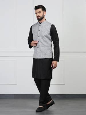 Men grey linen nehru jacket with black kurta pajyama 3