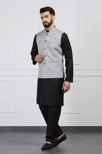 Men grey linen nehru jacket with black kurta pajyama