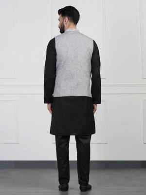 Men grey linen nehru jacket with black kurta pajyama 4