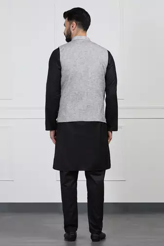 Men grey linen nehru jacket with black kurta pajyama
