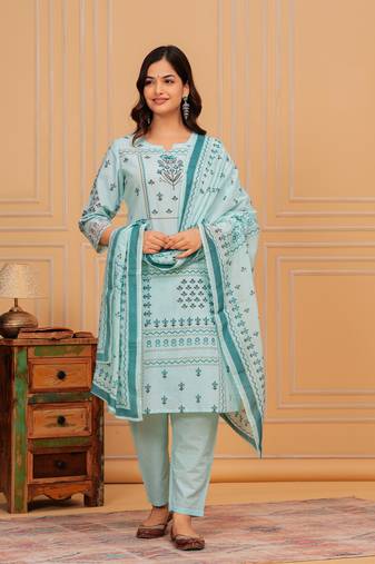 Pale aqua printed cotton kurta and pant set with mulmul duppata