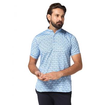 Men light blue printed short kurta 1