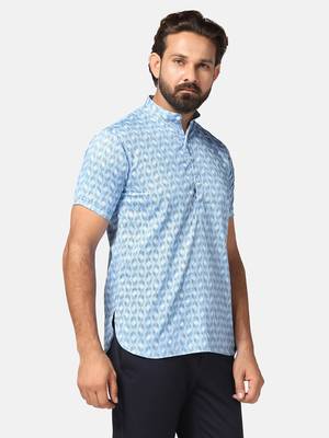 Men light blue printed short kurta 3