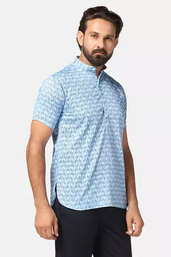 Men light blue printed short kurta