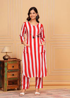 Ruby red white striped rayon kurta and pant set 1