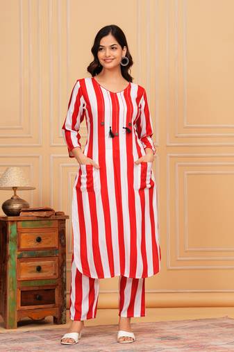 Ruby red white striped rayon kurta and pant set