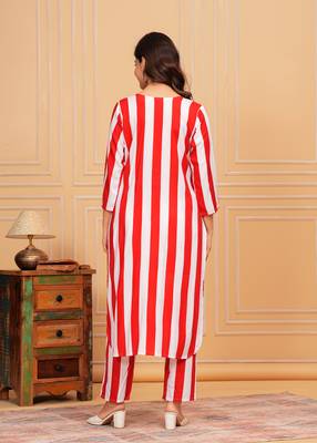Ruby red white striped rayon kurta and pant set 2