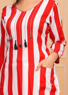 Ruby red white striped rayon kurta and pant set 4