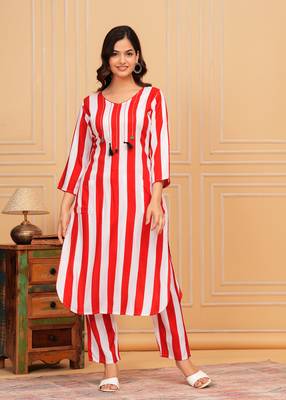 Ruby red white striped rayon kurta and pant set 5