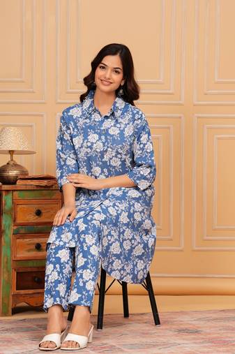 Blue white floral printed rayon co-ord set